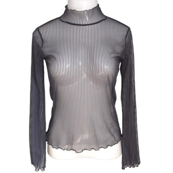 OAK + FORT Tops - Oak + Fort Gray Sheer Wavy Lettuce Hem Highneck Blouse OS